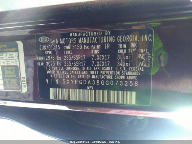 5XYPGDA38GG073258 KIA SORENTO LX