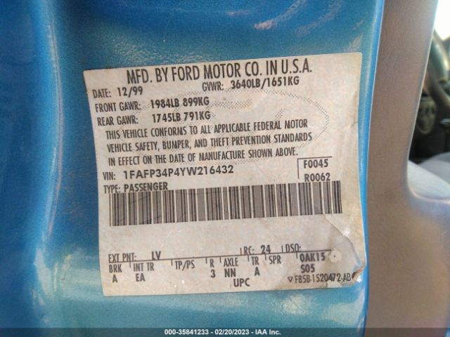 2000 FORD FOCUS SE VIN: 1FAFP34P4YW216432