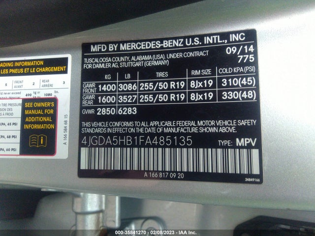 2015 MERCEDES-BENZ M-CLASS ML 350 VIN: 4JGDA5HB1FA485135