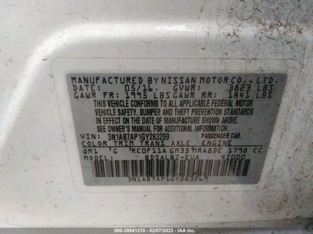 2016 NISSAN SENTRA S VIN: 3N1AB7AP1GY283269