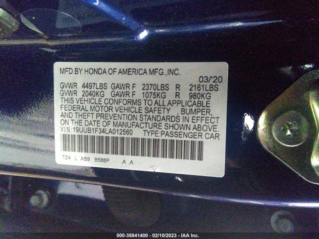 2020 ACURA TLX VIN: 19UUB1F34LA012560