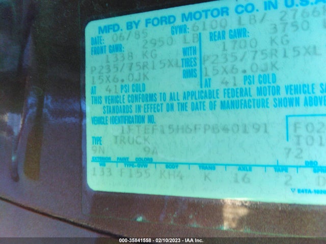 1985 FORD F150 VIN: 1FTEF15H6FPB40191