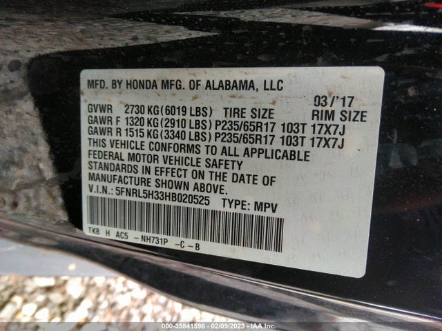 2017 Honda Odyssey, VIN: 5FNRL5H33HB020525