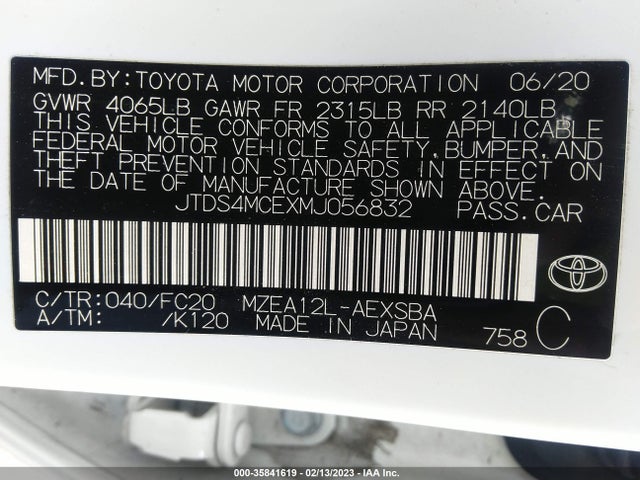 2021 TOYOTA COROLLA SE/NIGHTSHADE/APEX SE VIN: JTDS4MCEXMJ056832
