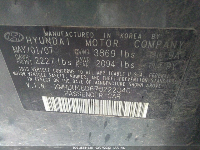 2007 HYUNDAI ELANTRA GLS/SE/LTD VIN: KMHDU46D67U222340
