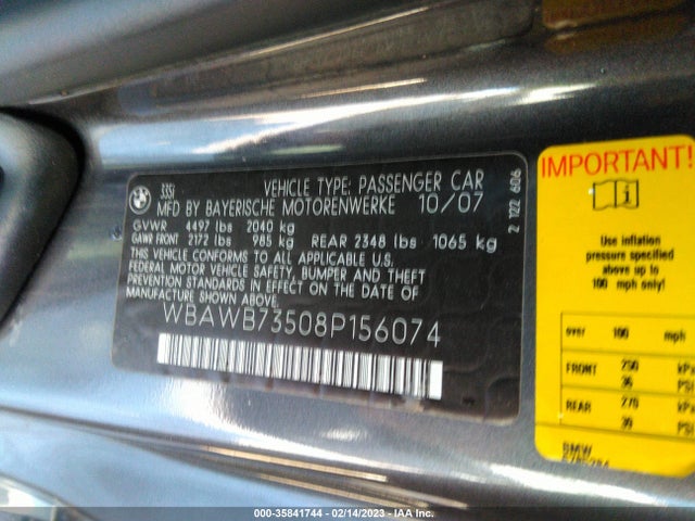 2008 BMW 3 SERIES 335I VIN: WBAWB73508P156074