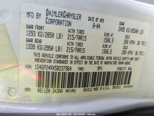 Dodge Grand Caravan 2005 1D4GP24RX5B237964 Image 10