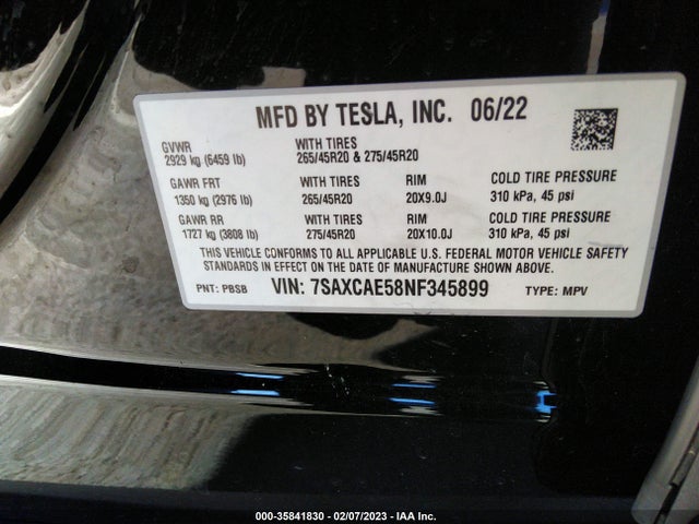 2022 Tesla Model X, VIN: 7SAXCAE58NF345899