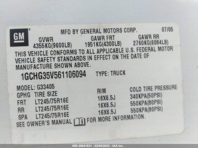 2006 CHEVROLET EXPRESS CARGO VAN VIN: 1GCHG35V561106094