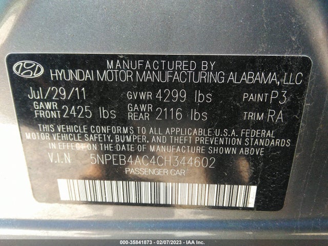 2012 HYUNDAI SONATA GLS PZEV VIN: 5NPEB4AC4CH344602