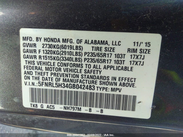 Honda ODYSSEY SE 2016 5FNRL5H34GB042483 Image 10