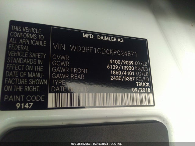 2019 Mercedes-Benz Sprinter, VIN: WD3PF1CD0KP024871