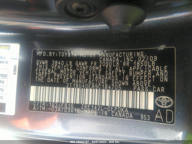 2009 TOYOTA COROLLA VIN: 2T1BU40E89C184705