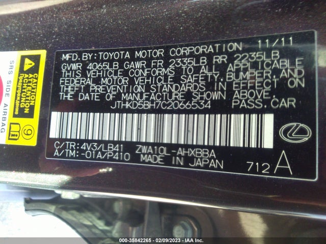 Lexus CT 200H 2012 JTHKD5BH7C2066534 Image 9