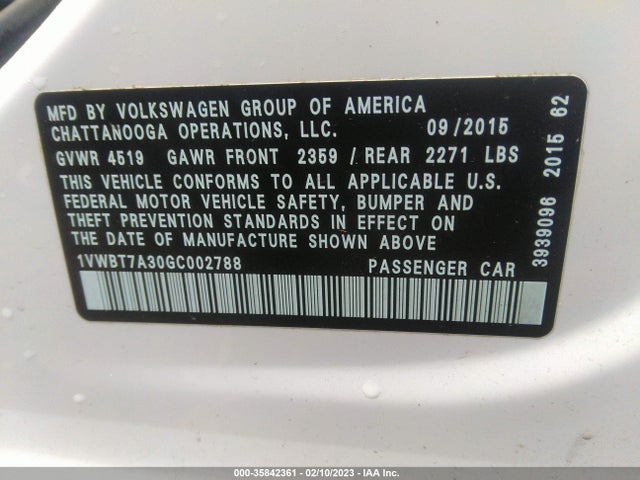 1VWBT7A30GC002788 Volkswagen Passat 1.8t Se W/technology