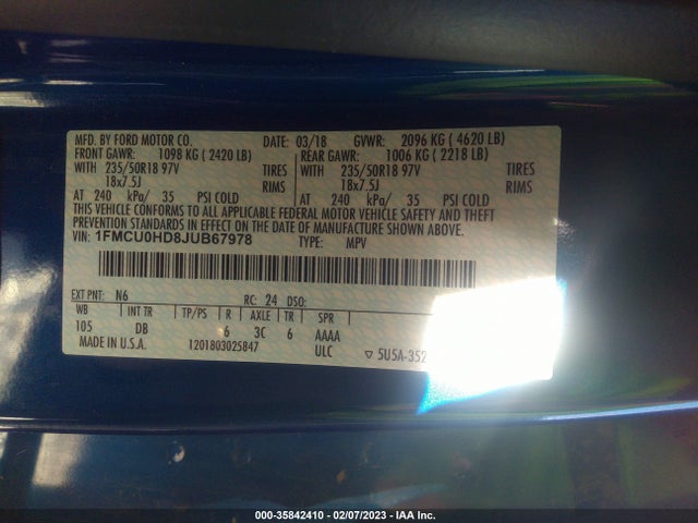 2018 FORD ESCAPE SEL VIN: 1FMCU0HD8JUB67978