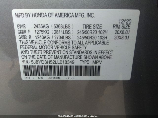 5J8YD3H52LL018349 Acura Mdx W/technology Pkg