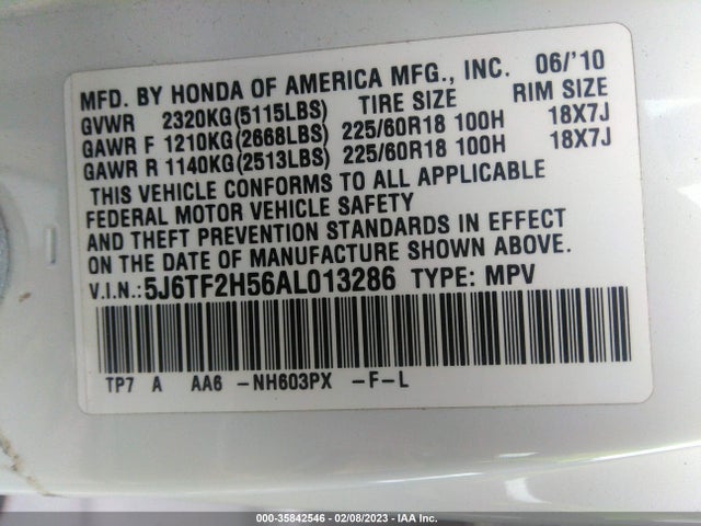 2010 HONDA ACCORD CROSSTOUR EX-L VIN: 5J6TF2H56AL013286