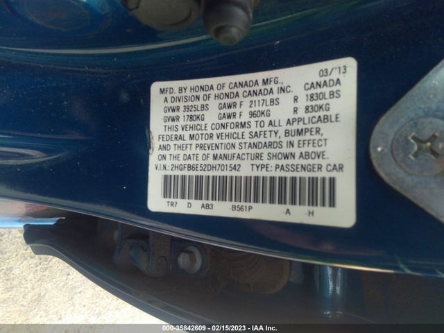 2013 HONDA CIVIC SDN SI VIN: 2HGFB6E52DH701542