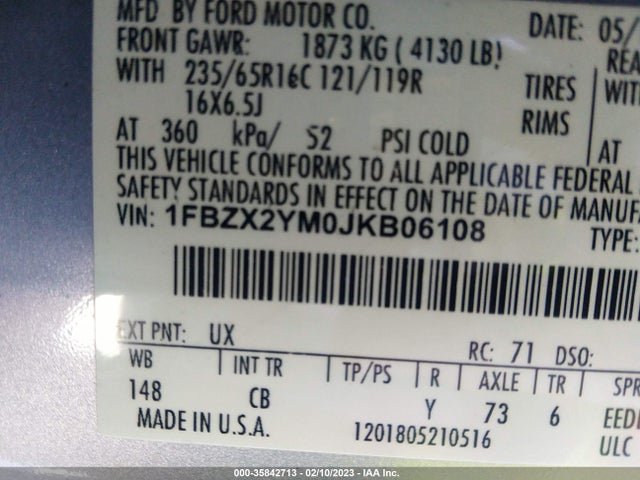 2018 Ford Transit, VIN: 1FBZX2YM0JKB06108