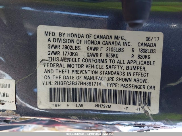 2017 HONDA CIVIC COUPE EX-T VIN: 2HGFC3B37HH361714