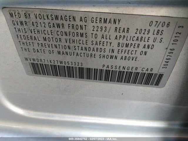 2007 VOLKSWAGEN RABBIT VIN: WVWDR71K27W053323