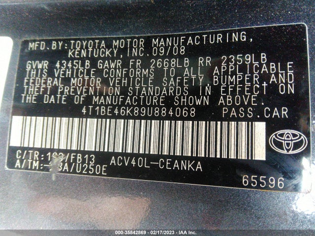 2009 TOYOTA CAMRY VIN: 4T1BE46K89U884068