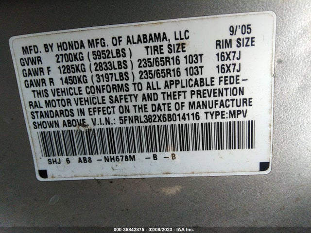 2006 HONDA ODYSSEY LX VIN: 5FNRL382X6B014116