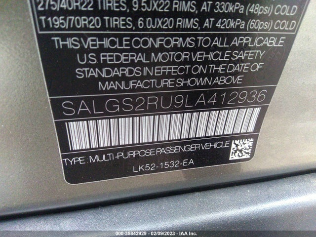 2020 LAND ROVER RANGE ROVER HSE VIN: SALGS2RU9LA412936