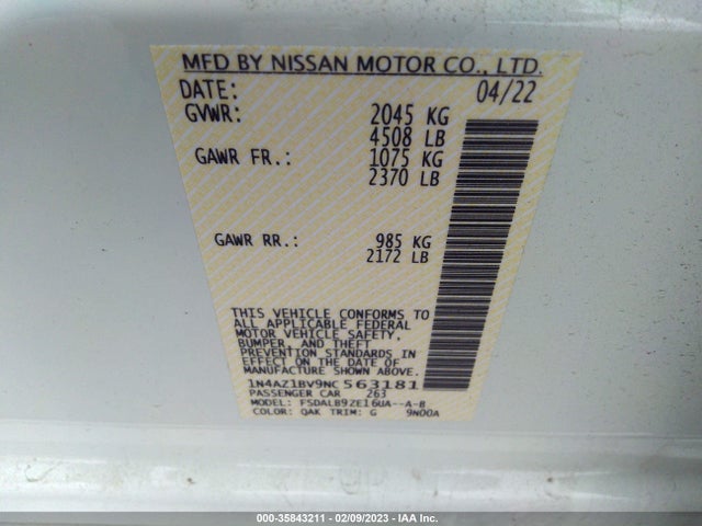 2022 Nissan Leaf, VIN: 1N4AZ1BV9NC563181