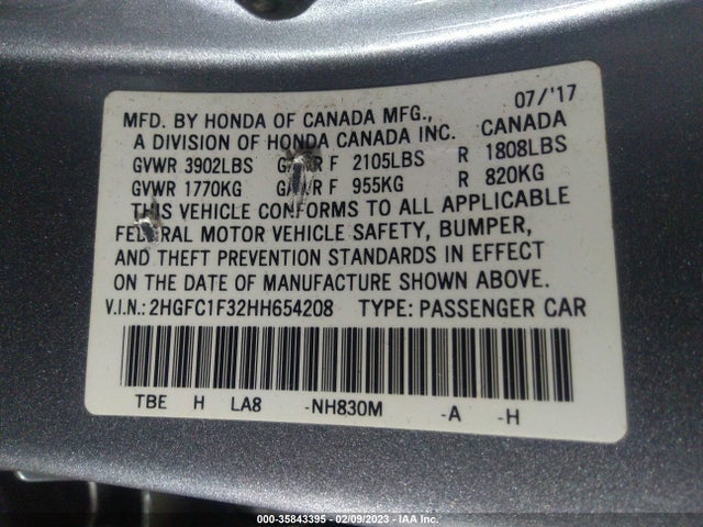 2017 HONDA CIVIC SEDAN EX-T VIN: 2HGFC1F32HH654208
