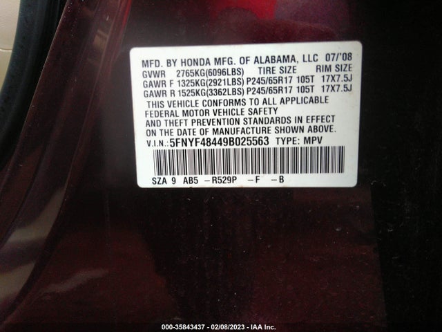 2009 HONDA PILOT EX VIN: 5FNYF48449B025563