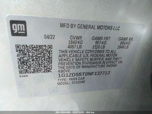 Chevrolet MALIBU LT 2022 1G1ZD5ST0NF137713 Image 9