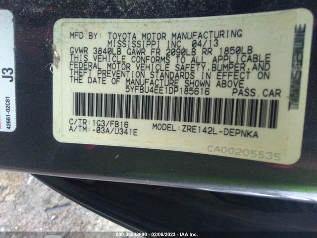 2013 TOYOTA COROLLA L/LE/S VIN: 5YFBU4EE1DP185616