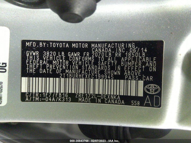 2014 TOYOTA COROLLA L/LE/S/S PLUS/LE PLUS VIN: 2T1BURHEXEC199945