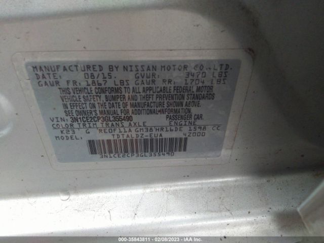 3N1CE2CP3GL355490 Nissan Versa Note S/s Plus/sv/sr/sl