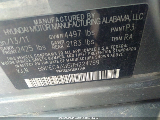 2011 HYUNDAI SONATA SE VIN: 5NPEC4AB6BH224769