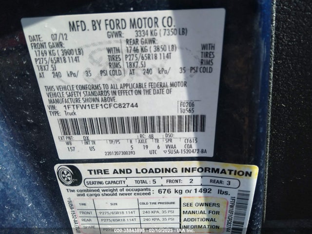 2012 FORD F-150 XL/XLT/FX4/LARIAT VIN: 1FTFW1EF1CFC82744