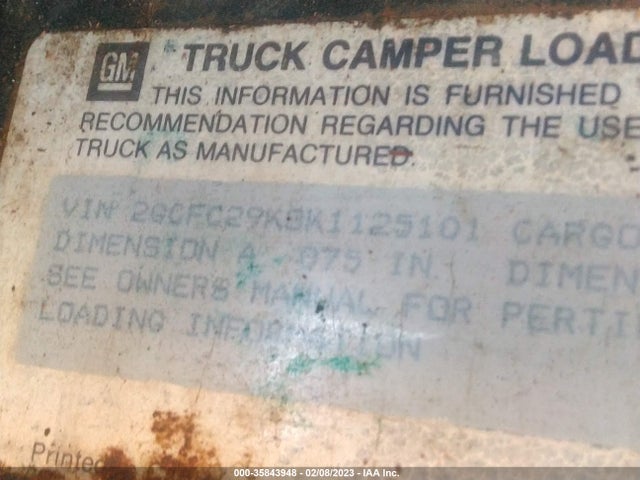 1989 CHEVROLET GMT-400 C2500 VIN: 2GCFC29K3K1125101