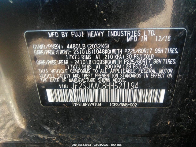 2017 SUBARU FORESTER VIN: JF2SJAAC8HH521194