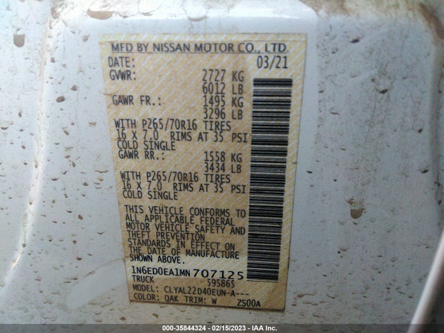 2021 Nissan Frontier, VIN: 1N6ED0EA1MN707125