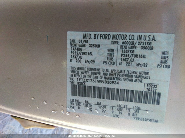 1998 FORD F-150 VIN: 1FTZX1761WNB30934