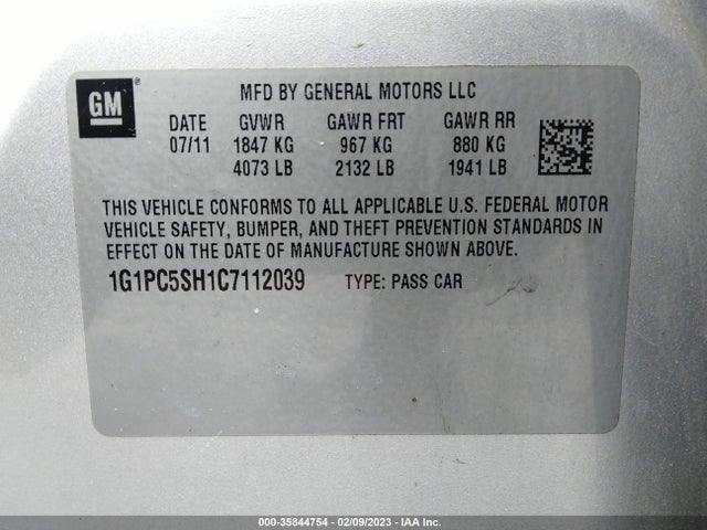 2012 CHEVROLET CRUZE LS VIN: 1G1PC5SH1C7112039