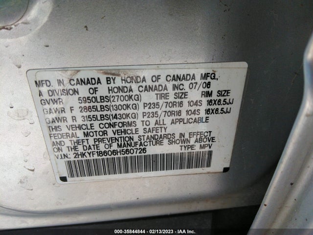 2006 HONDA PILOT EX-L WITH RES VIN: 2HKYF18606H560726