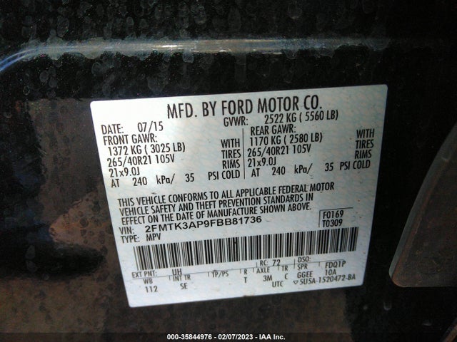 2015 FORD EDGE SPORT VIN: 2FMTK3AP9FBB81736