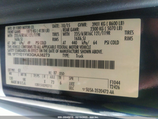 2016 Ford Transit, VIN: 1FTYE1YM3GKA38273