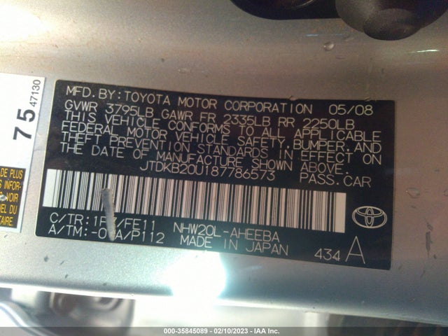 2008 TOYOTA PRIUS VIN: JTDKB20U187786573