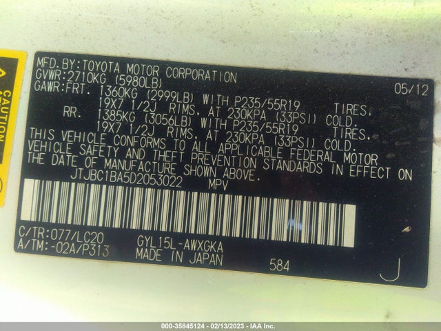 2013 LEXUS RX 450H VIN: JTJBC1BA5D2053022