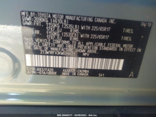 2019 TOYOTA RAV4 XLE VIN: 2T3W1RFV3KW024421