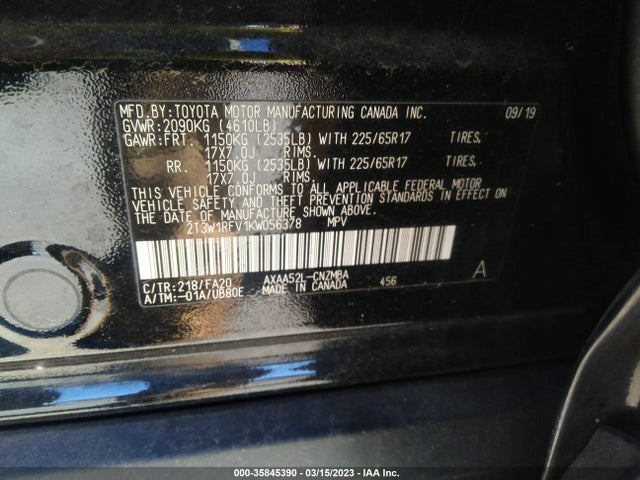 2019 TOYOTA RAV4 XLE VIN: 2T3W1RFV1KW056378